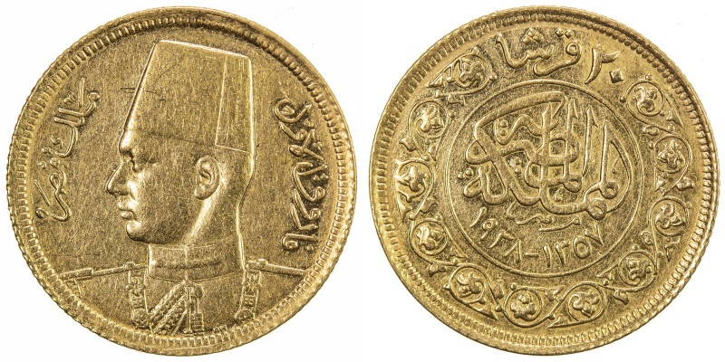 EGYPT: Farouk I, 1936-1952, AV 20 piastres, 1938/AH1357, KM-370, light surface h...