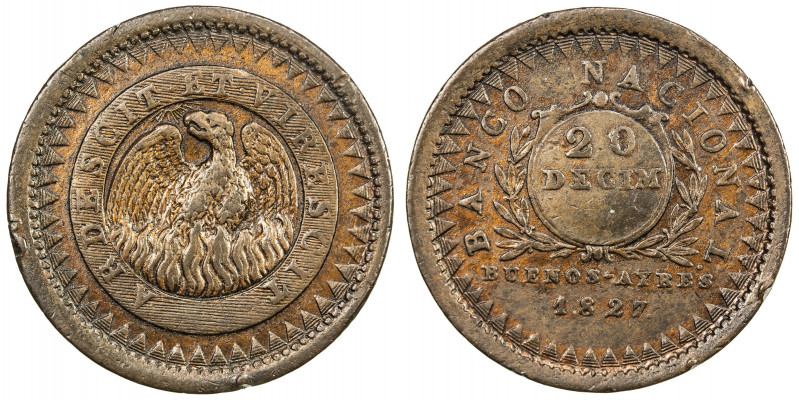 BUENOS AIRES: Province, AE 20 decimos, 1827, KM-5, a few small rim nicks, one-ye...