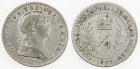 BRITISH GUIANA: ESSEQUIBO AND DEMERARY: George III, 1760-1820, AR ¼ guilder, 1809, KM-4, slightly weak detail on head, some luster in protected areas,...