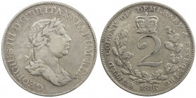 BRITISH GUIANA: ESSEQUIBO AND DEMERARY: George III, 1760-1820, AR 2 guilder, 1816, KM-14, actually some luster amongst the lettering, rare one-year ty...