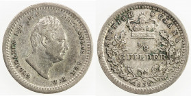 BRITISH GUIANA: William IV, 1830-1837, AR 1/8 guilder, 1836, KM-22, one-year type, EF, ex Wolfgang Schuster Collection. 
Estimate: USD 100 - 150