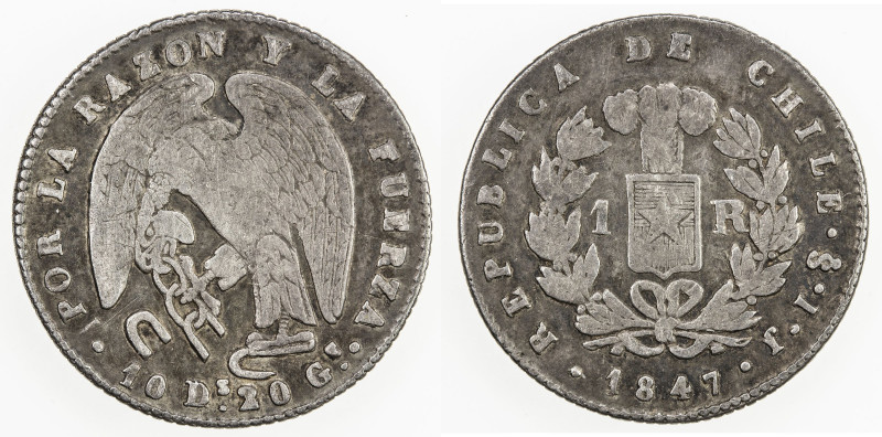 CHILE: Republic, AR real, 1847-So, KM-94.2, assayer IJ, key date, VG-F, ex Wolfg...