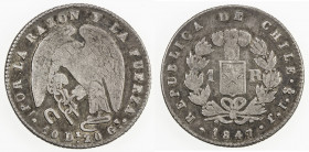 CHILE: Republic, AR real, 1847-So, KM-94.2, assayer IJ, key date, VG-F, ex Wolfgang Schuster Collection. 
Estimate: USD 70 - 100