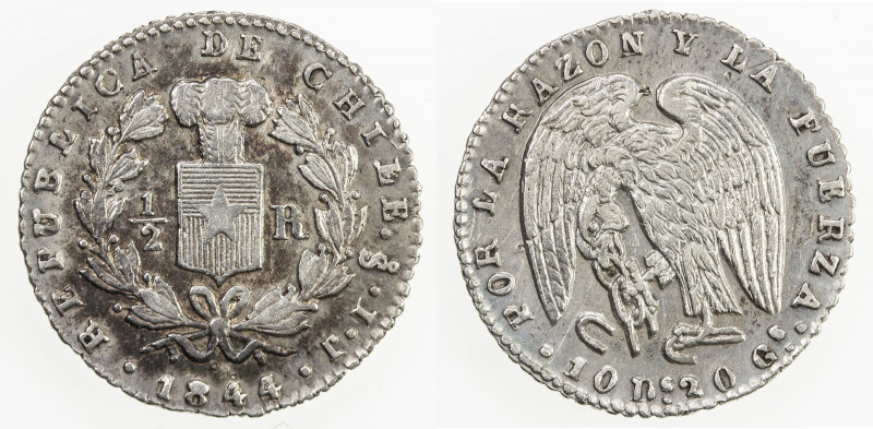 CHILE: Republic, AR ½ real, 1844-So, KM-98.2, assayer IJ, lustrous with some lig...