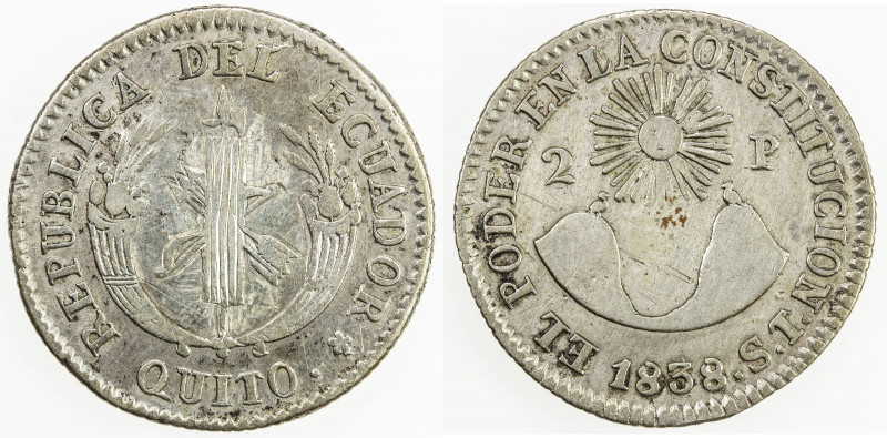 ECUADOR: Republic, AR 2 reales, 1838, KM-18, assayer ST, tooled, including lines...