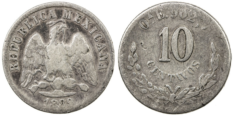 MEXICO: Republic, AR 10 centavos, 1889-Oa, KM-403.8, assayer E, better date, Ver...