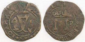 SANTO DOMINGO: Carlos & Juana, 1506-1516, AE 4 maravedis (3.32g), Cal-35 var, struck 1544-1564, monogram; F III flanking; three annulets around // two...