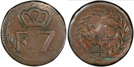 SANTO DOMINGO: Ferdinand VII, 1808-1821, AE ¼ real (4.46g), ND (1810-20), KM-2, variety with full 1/4 below SD, PCGS graded XF40. From 1809 to 1821, t...