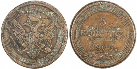 UNITED STATES: Brunk—, Fine, A. MULLANY countermarked on Russia 5 kopeks 1803-KM (Cr-115.1), once on obverse and four times on reverse, in similar fon...