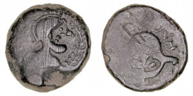 Monedas de la Hispania Antigua
Iliberri, Granada
As. AE. A/Cabeza masculina con casco a der., delante palma. R/Triscela, abajo ley. ibérica. 20.41g....
