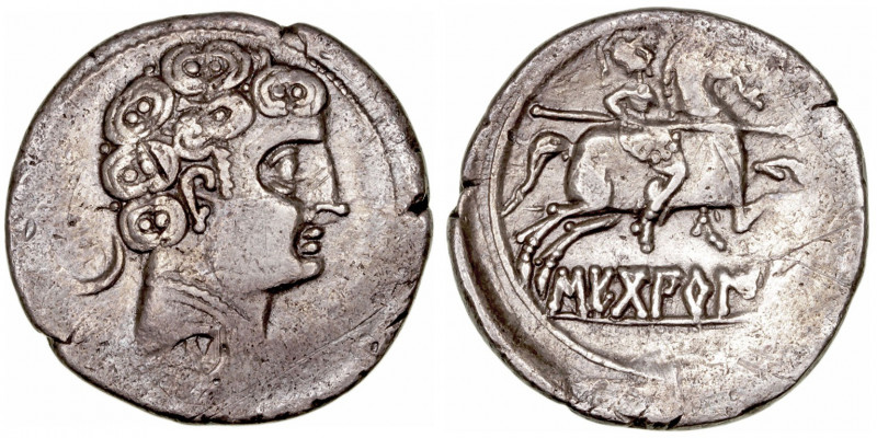 Monedas de la Hispania Antigua
Secobirices, Saelices (Cuenca)
Denario. AR. (12...