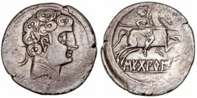 Monedas de la Hispania Antigua
Secobirices, Saelices (Cuenca)
Denario. AR. (120-30 a.C.). A/Cabeza masculina a der., detrás creciente y debajo letra...