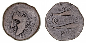 Monedas de la Hispania Antigua
Sexi, Almuñécar (Granada)
As. AE. (200-20 a.C.). A/Cabeza de Hércules a izq., detrás clava. R/Dos atunes a der., entr...