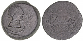 Monedas de la Hispania Antigua
Ulia, Montemayor (Córdoba)
As. AE. A/Cabeza femenina a der., delante palma y debajo barco estilizado o creciente. R/R...