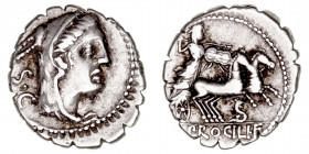 República Romana
Procilia
Denario. AR. Sur de Italia. (80 a.C.). A/Cabeza de Juno Sospita, tocado con piel de cabra a der., detrás S.C. R/El mismo p...