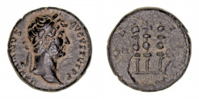 Imperio Romano
Adriano
Cuadrante. AE. (117-138). R/(COS. III) S.C. Estandartes. En reverso se aprecia incuso el busto de anverso. 3.80g. RIC.977. Mu...