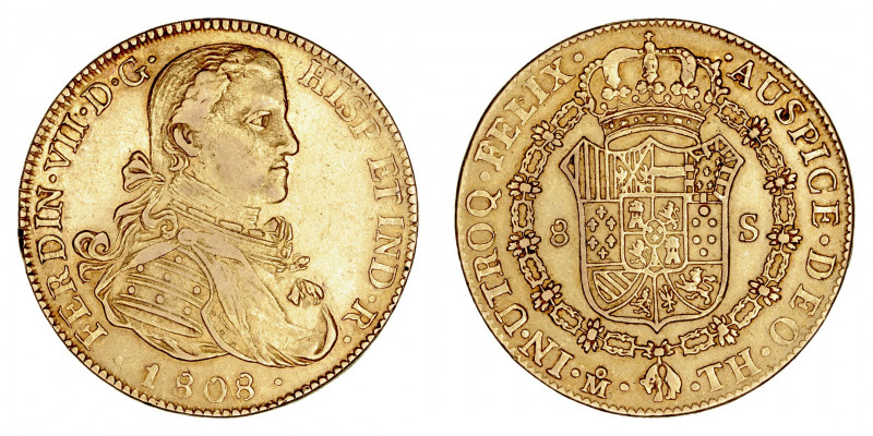 Monarquía Española
Fernando VII
8 Escudos. AV. México TH. 1808. Busto imaginar...