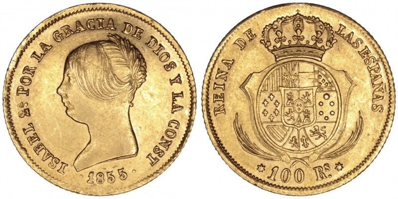 Monarquía Española
Isabel II
100 Reales. AV. Sevilla. 1855. 8.41g. Cal.796. Ra...