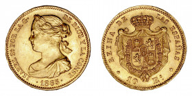 Monarquía Española
Isabel II
10 Escudos. AV. Madrid. 1865. 8.39g. Cal.810. Conserva restos de brillo original. (MBC+).