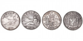 La Peseta
Gobierno Provisional
2 Pesetas. Calamina. Lote de 2 monedas. Falsas de época. 1869 y 1870. (BC+).