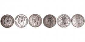 La Peseta
Amadeo I
5 Pesetas. AR. Lote de 3 monedas. 1871 *71 (2) y *74. Algunas estrellas difusas. MBC a BC.