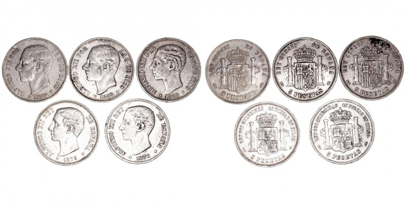 La Peseta
Alfonso XII
5 Pesetas. AR. Lote de 5 monedas. 1875, 1876, 1877 y 188...