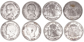 La Peseta
Alfonso XIII
5 Pesetas. AR. Lote de 4 monedas. 1888, 1890, 1894 y 1898. Estrellas no visibles. BC a BC-.
