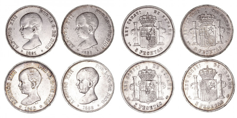 La Peseta
Alfonso XIII
5 Pesetas. AR. Lote de 4 monedas. 1888 MPM, 1889, 1890 ...