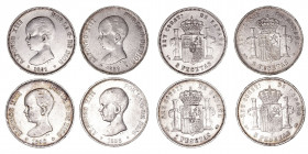 La Peseta
Alfonso XIII
5 Pesetas. AR. Lote de 4 monedas. 1888 MPM, 1889, 1890 MPM y 1891. Estrellas visibles y algunos golpecitos en canto. (MBC).