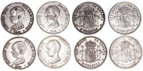 La Peseta
Alfonso XIII
5 Pesetas. AR. Lote de 4 monedas. 1888 MPM (2) y 1891 PGM (2). Estrellas visibles y algunos golpecitos en canto. (MBC- a BC+)...