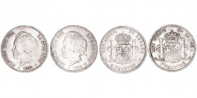 La Peseta
Alfonso XIII
5 Pesetas. AR. 1892 PGM. Lote de 2 monedas. Bucles. Cal.100. Estrellas no visibles. (MBC- a BC).