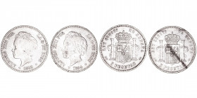 La Peseta
Alfonso XIII
5 Pesetas. AR. Lote de 2 monedas. 1892 PGM y 1894 PGV. Cal.100 y 104. Estrellas difusas. (MBC- a BC+).