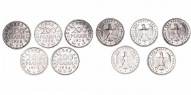 Monedas Extranjeras
Alemania
Lote de 5 monedas. Aluminio. 1923. 200 Mark (A, D, E, F y G). KM.35. EBC.
