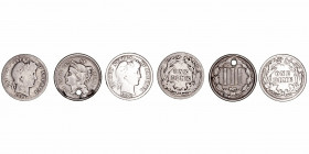 Monedas Extranjeras
Estados Unidos
Lote de 3 monedas. AR/CuNi. 3 Cents 1865 (agujerito), Dime 1898 y 1899. (MBC- a BC).