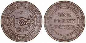 Monedas Extranjeras
Gran Bretaña
Penny. AE. 1812. Birmingham, Union Copper Company. One Penny Token. 28.60g. 31.00mm. KM.-. Escasa. MBC-.