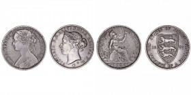 Monedas Extranjeras
Gran Bretaña Victoria
Gran Bretaña Penny 1862 y Jersey 1/12 Shilling 1877. KM.-. MBC a BC.