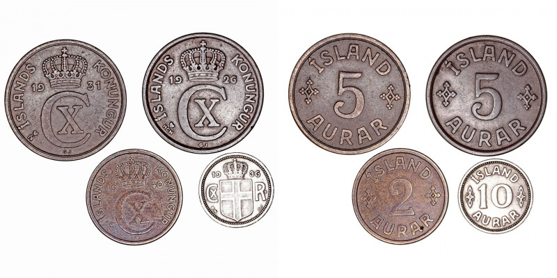 Monedas Extranjeras
Islandia
Lote de 4 monedas. AR/Ni. 2 Aurar 1940, 5 Aurar 1...