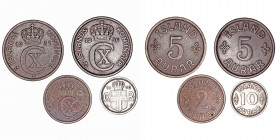 Monedas Extranjeras
Islandia
Lote de 4 monedas. AR/Ni. 2 Aurar 1940, 5 Aurar 1926 y 1931 y 10 Aurar 1936. KM.6.2 y 7.1. MBC+ a MBC-.