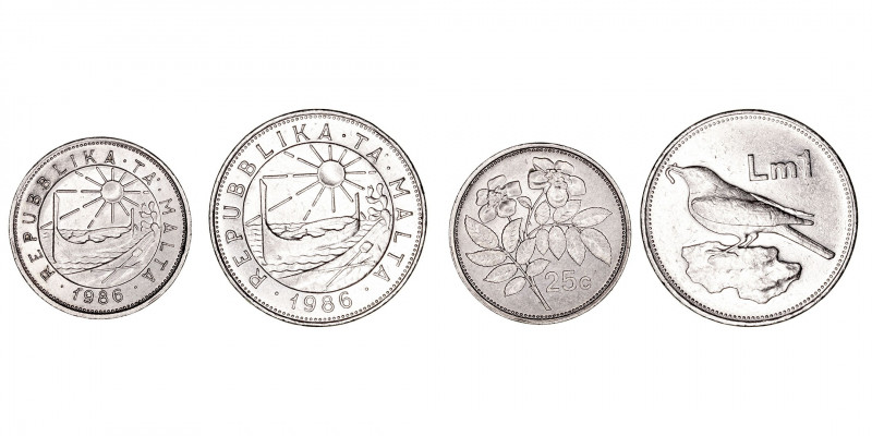 Monedas Extranjeras
Malta
Lote de 2 monedas. CuNi. 25 Cents y Lira 1986. KM.81...