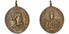 Medallas
Religiosas
Medalla. AE. Inmaculada Concepción y Sagrada Forma. Siglo XVIII. 44.00mm. Con anilla y de gran formato. Rara así. MBC.