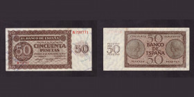 Billetes
Francisco Franco, Banco de España
50 Pesetas. Burgos, 21 noviembre 1936. Serie R. ED.420a. Planchado. (EBC-).