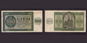 Billetes
Francisco Franco, Banco de España
100 Pesetas. Burgos, 21 noviembre 1936. Serie X. ED.421a. Ligera muesca en margen. (MBC).
