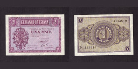 Billetes
Francisco Franco, Banco de España
1 Peseta. Burgos, 12 octubre 1937. Serie D. ED.425a. SC.