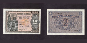 Billetes
Francisco Franco, Banco de España
2 Pesetas. Burgos, 12 octubre 1937. Serie A. ED.426. Muy escaso así. EBC+.