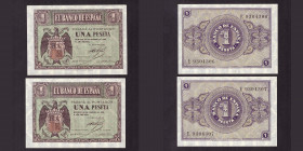 Billetes
Francisco Franco, Banco de España
1 Peseta. Burgos, 28 febrero 1938. Serie E. Pareja correlativa. ED.427a. SC.