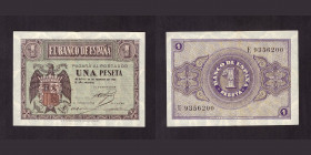 Billetes
Francisco Franco, Banco de España
1 Peseta. Burgos, 28 febrero 1938. Serie E. ED.427a. EBC.