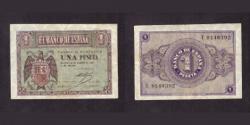 Billetes
Francisco Franco, Banco de España
1 Peseta. Burgos, 28 febrero 1938. Serie E. ED.427a. MBC.