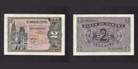 Billetes
Francisco Franco, Banco de España
2 Pesetas. Burgos, 30 abril 1938. Serie A. ED.429. (SC-).