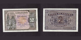 Billetes
Francisco Franco, Banco de España
2 Pesetas. Burgos, 30 abril 1938. Serie G. ED.429a. SC.