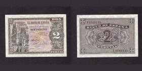 Billetes
Francisco Franco, Banco de España
2 Pesetas. Burgos, 30 abril 1938. Serie I. ED.429a. Exceso de tinta de imprenta en reverso. (SC).